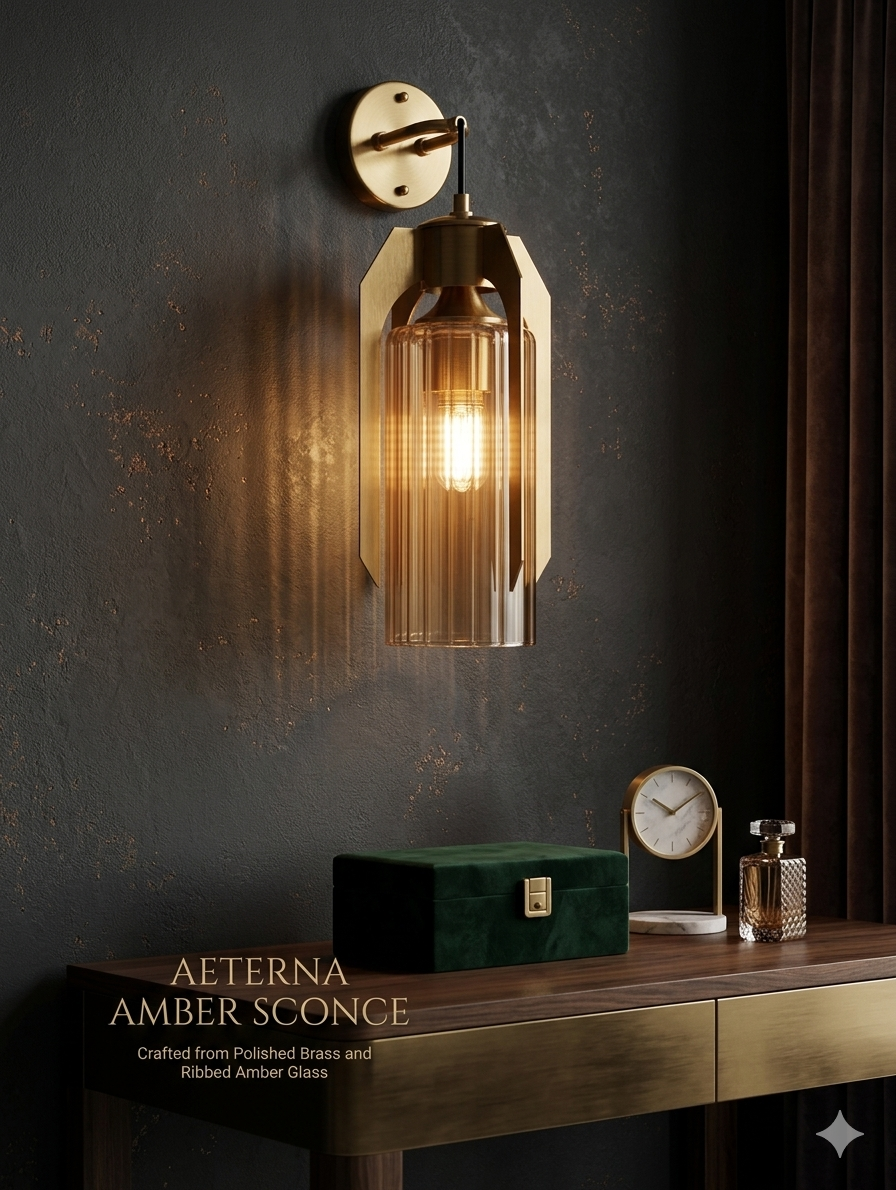 AETERNA Amber Sconce – Modern Geometric Brass & Hand-Blown Ribbed Glass Wall Light
