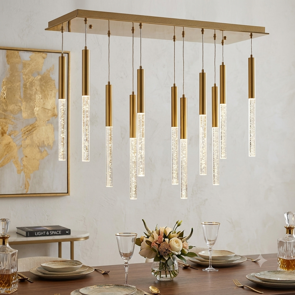 Modern Gold Rectangular LED Chandelier – Luxury Crystal Bubble Pendant Light for Dining & Living Rooms