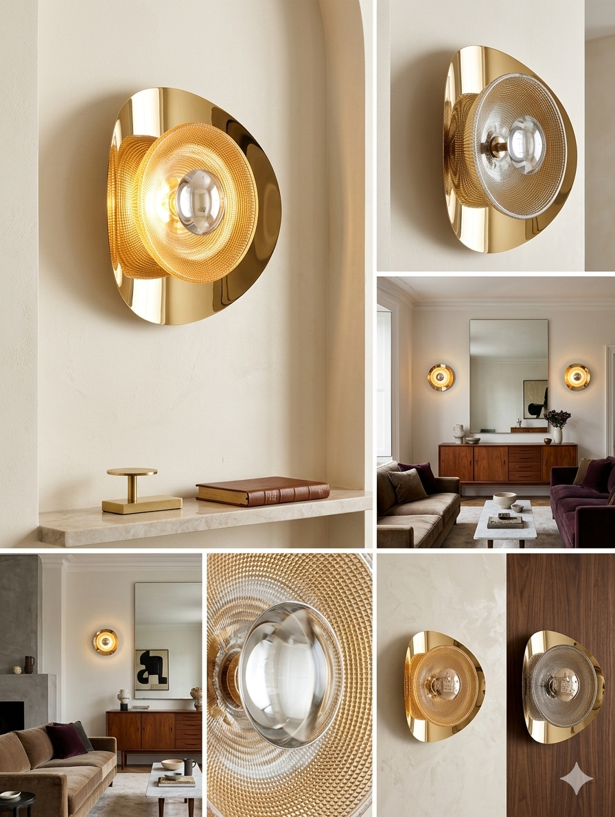 Solaris Polished Gold & Textured Glass Luxury Wall Sconce