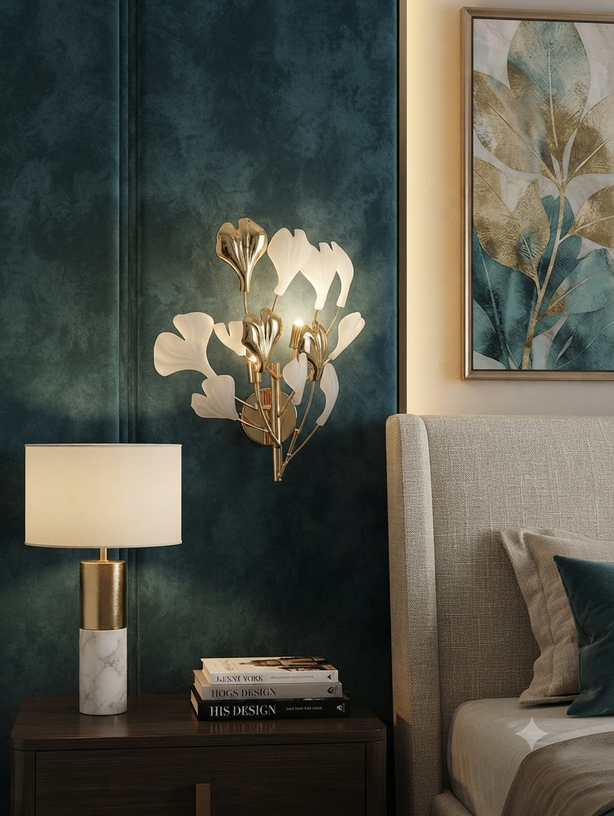 Opulent Bloom: Premium Gilded Floral Wall Sconce with Frosted Glass Petals