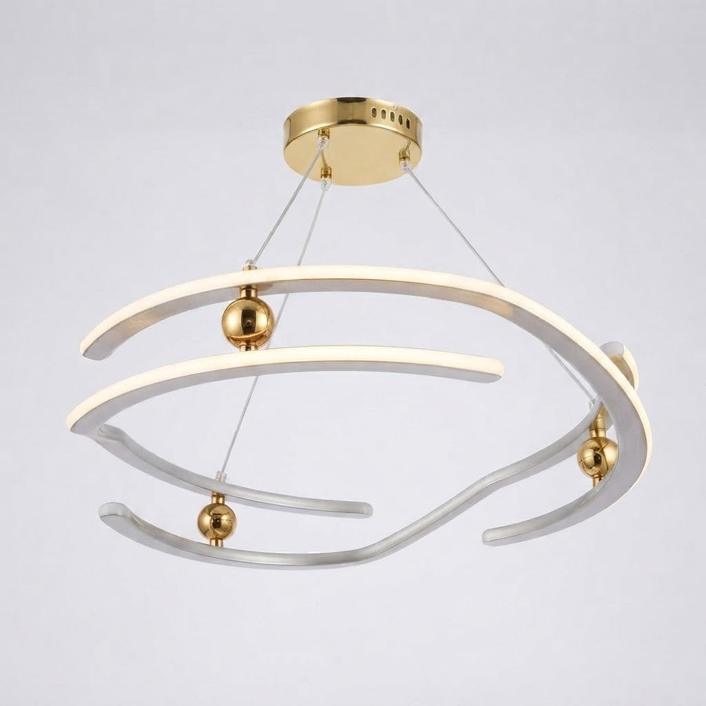 Modern Curved LED Ring Chandelier – Warm Gold & Brushed Chrome Accent Hanging Light