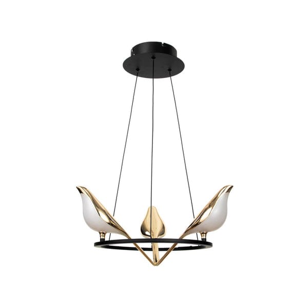 Modern chandelier with black, gold, and white design on a white background