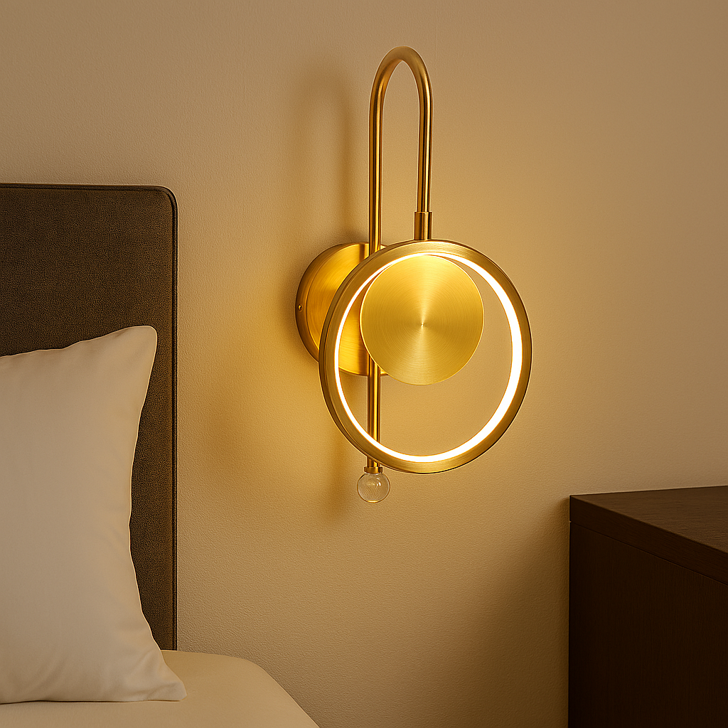 Gold wall sconce on a wall next to a bed with a pillow
