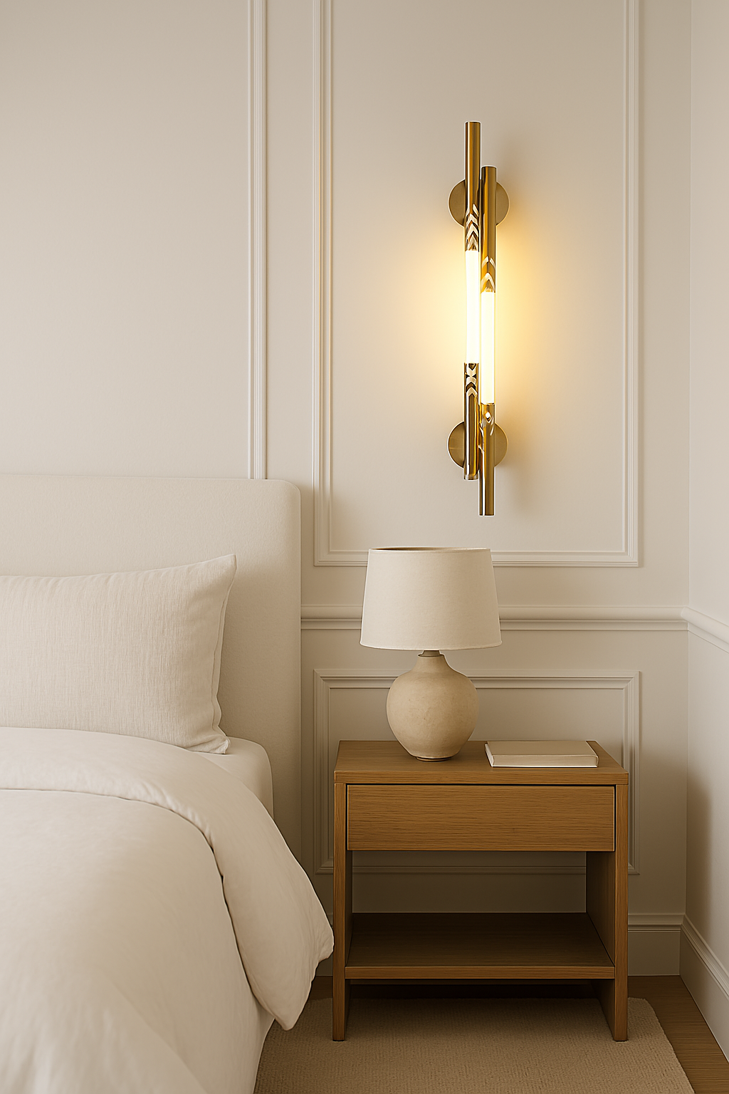 Bedroom with a nightstand, lamp, and wall sconce.