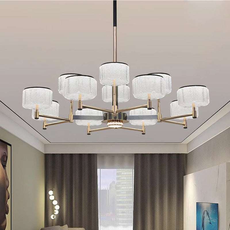 Modern chandelier with glass shades in a living room setting