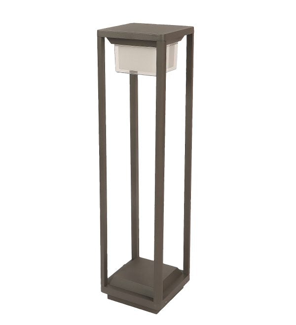 Tall brown metal plant stand with a white container on a white background