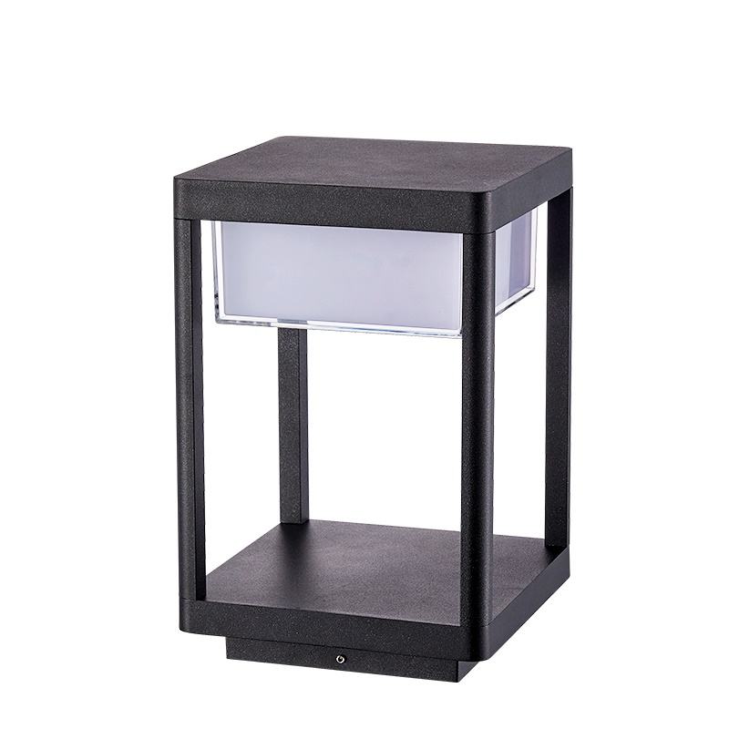 Black outdoor lamp with a white shade on a white background