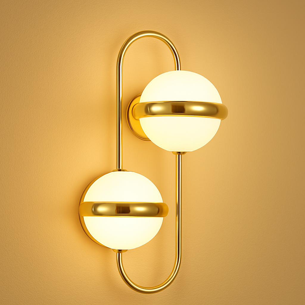Modern wall lamp with two spherical lights on a warm beige background
