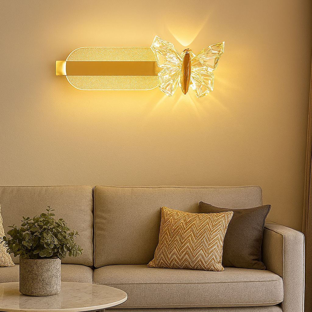 Butterfly-shaped wall light fixture in a living room setting with a sofa and decorative pillows.