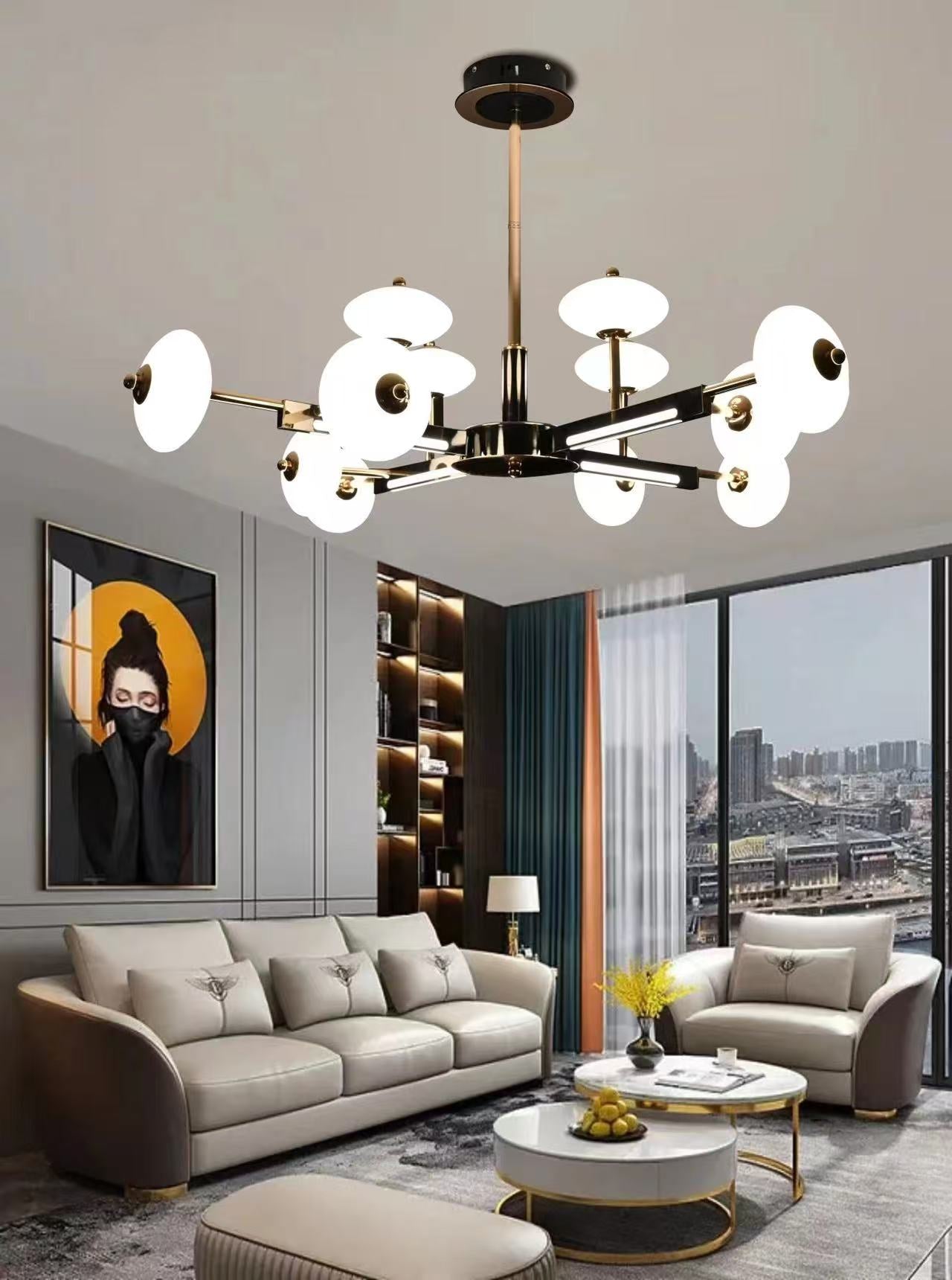 Modern living room with a chandelier, sofa, and coffee table.