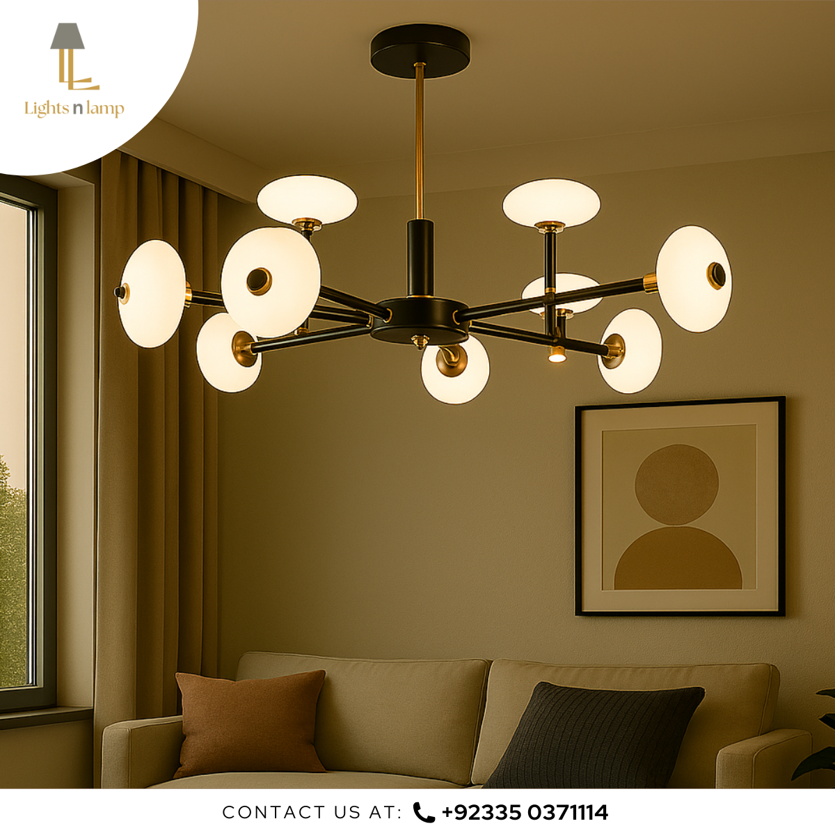 Modern chandelier in a living room with a neutral color scheme