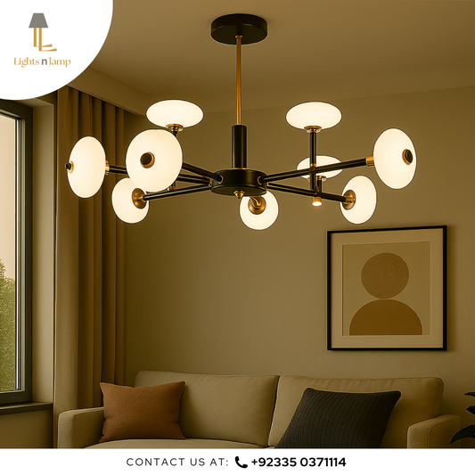 Modern chandelier in a living room with a neutral color scheme