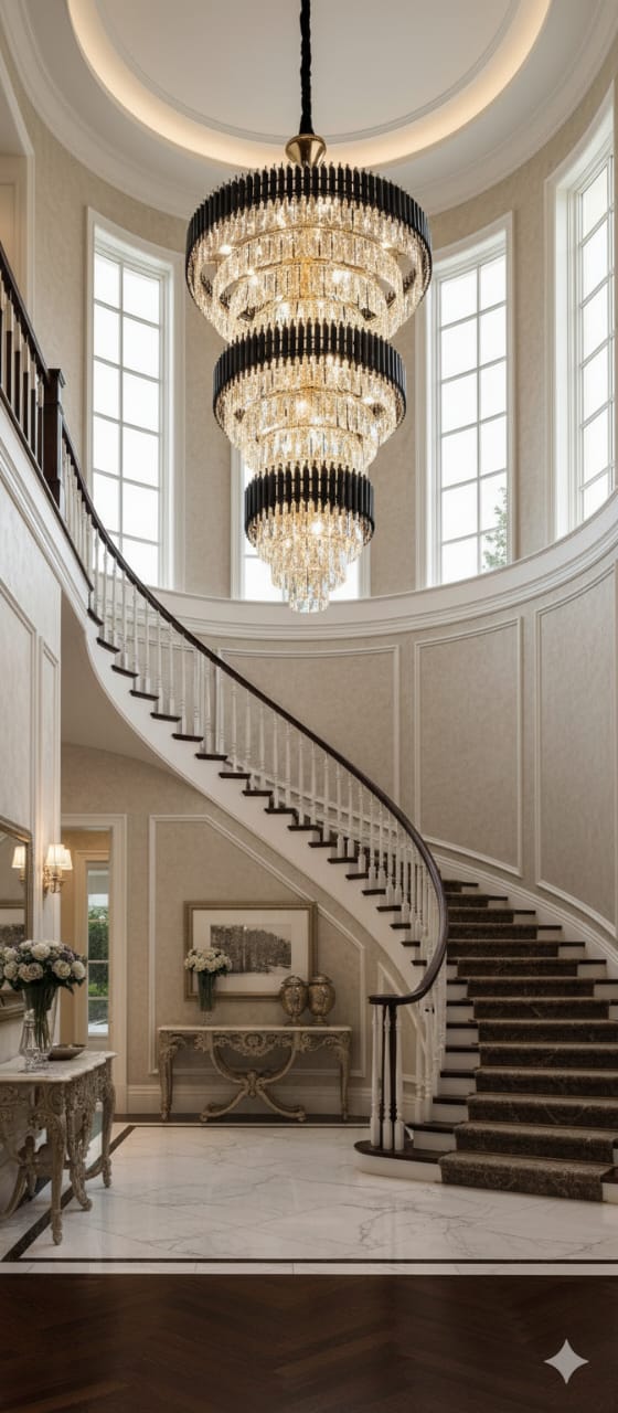 Luxurious staircase with a grand chandelier in a high-ceilinged room.