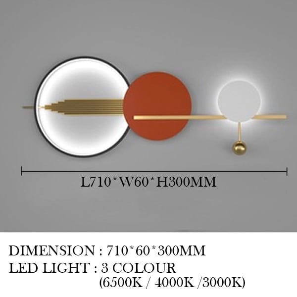 Decorative wall art with geometric shapes on a gray background, including dimensions and LED light color options.