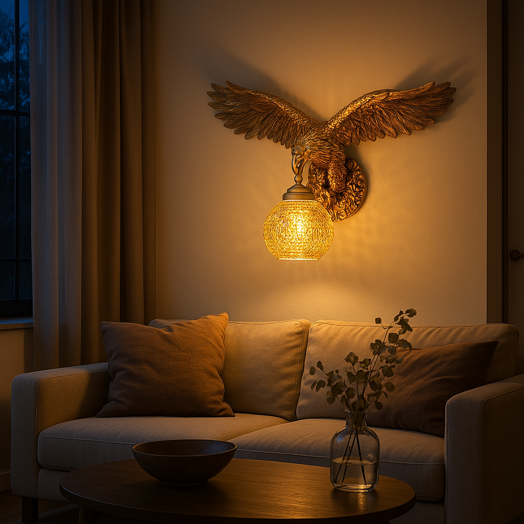 Decorative wall sconce with eagle design above a couch in a dimly lit room.