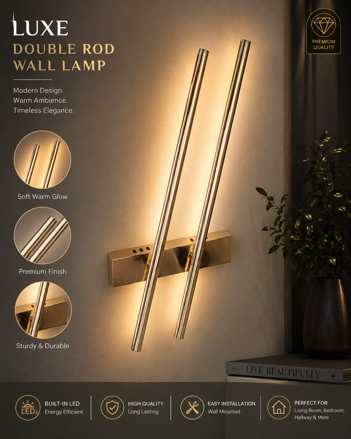 Luxury Double Rod LED Wall Light – Modern Gold Finish Decorative Wall Sconce | Warm White LED