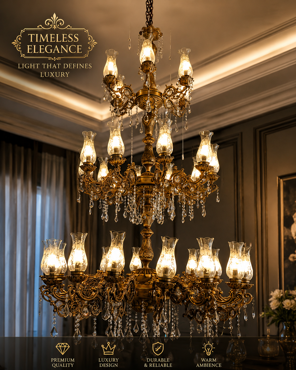 Royal Heritage Crystal Chandelier – 32-Light Antique Bronze Luxury Pendant