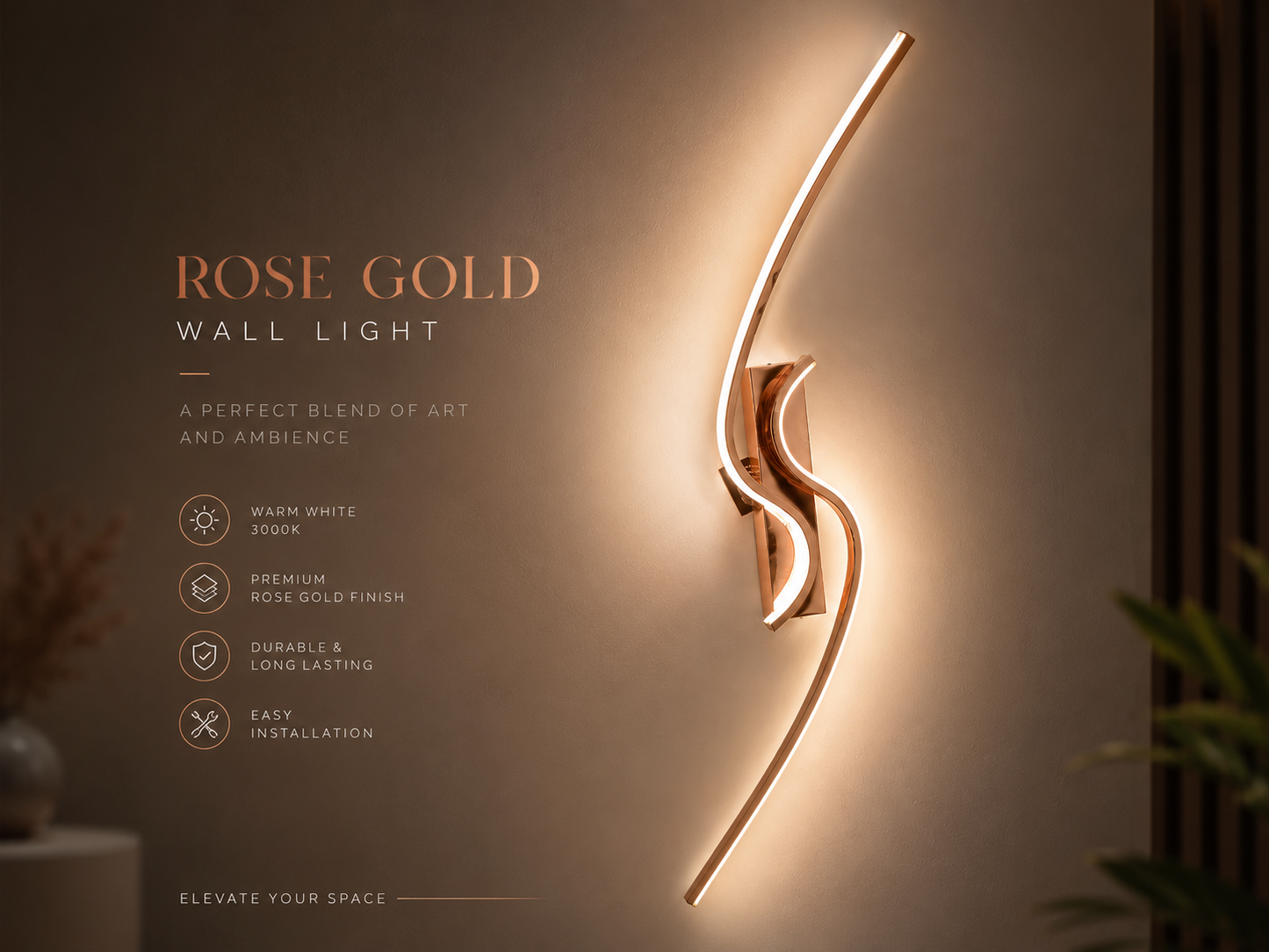 Aura Luxe S-Curve LED Wall Light – Premium Rose Gold