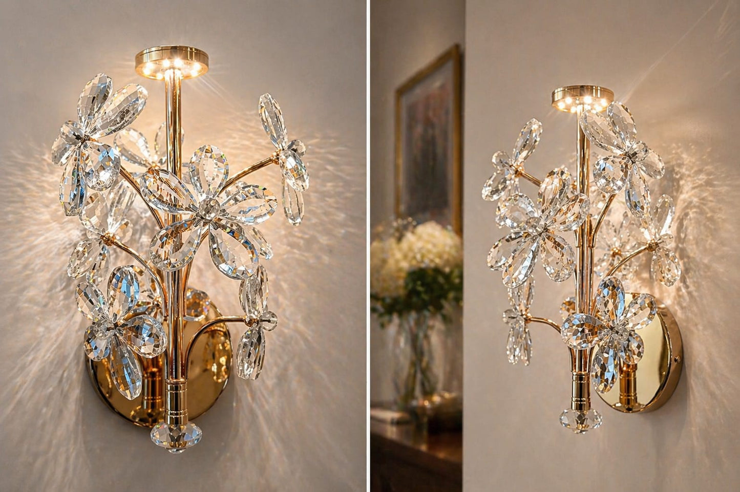 Decorative wall sconce with crystal accents on a neutral wall.