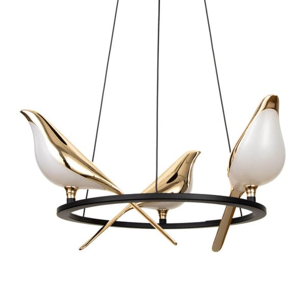 Modern chandelier with gold and white design on a white background