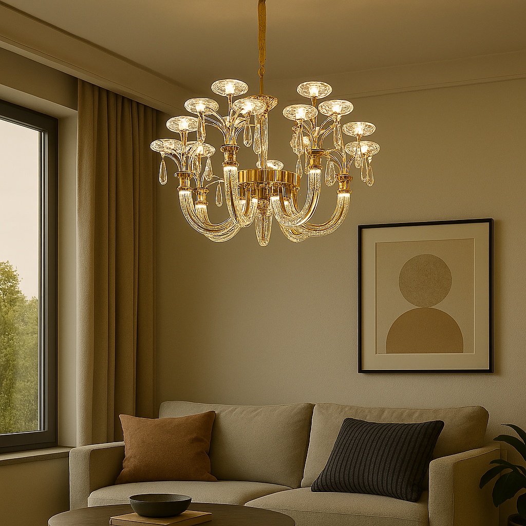 Gold chandelier hanging above a beige sofa in a living room with a window and framed picture in the background.