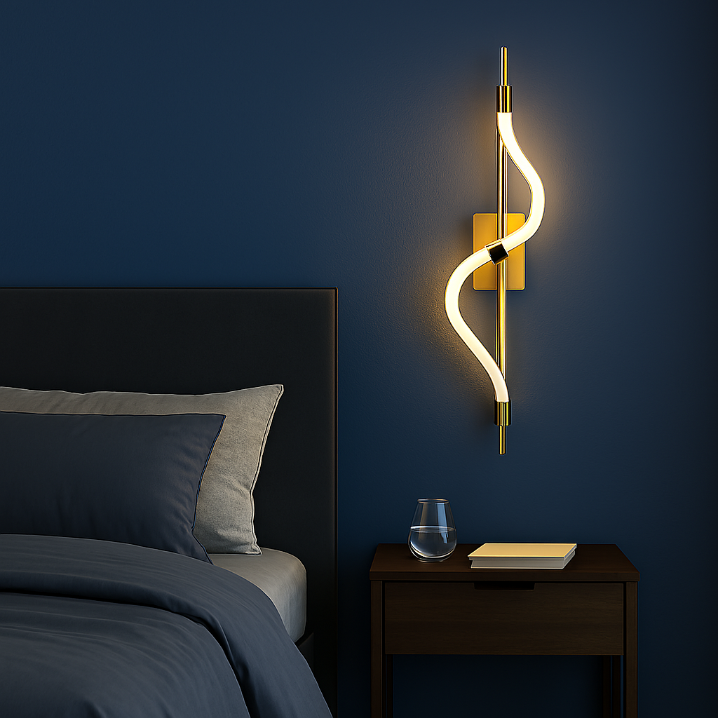 Modern wall sconce with a curved design on a dark blue wall above a bed.
