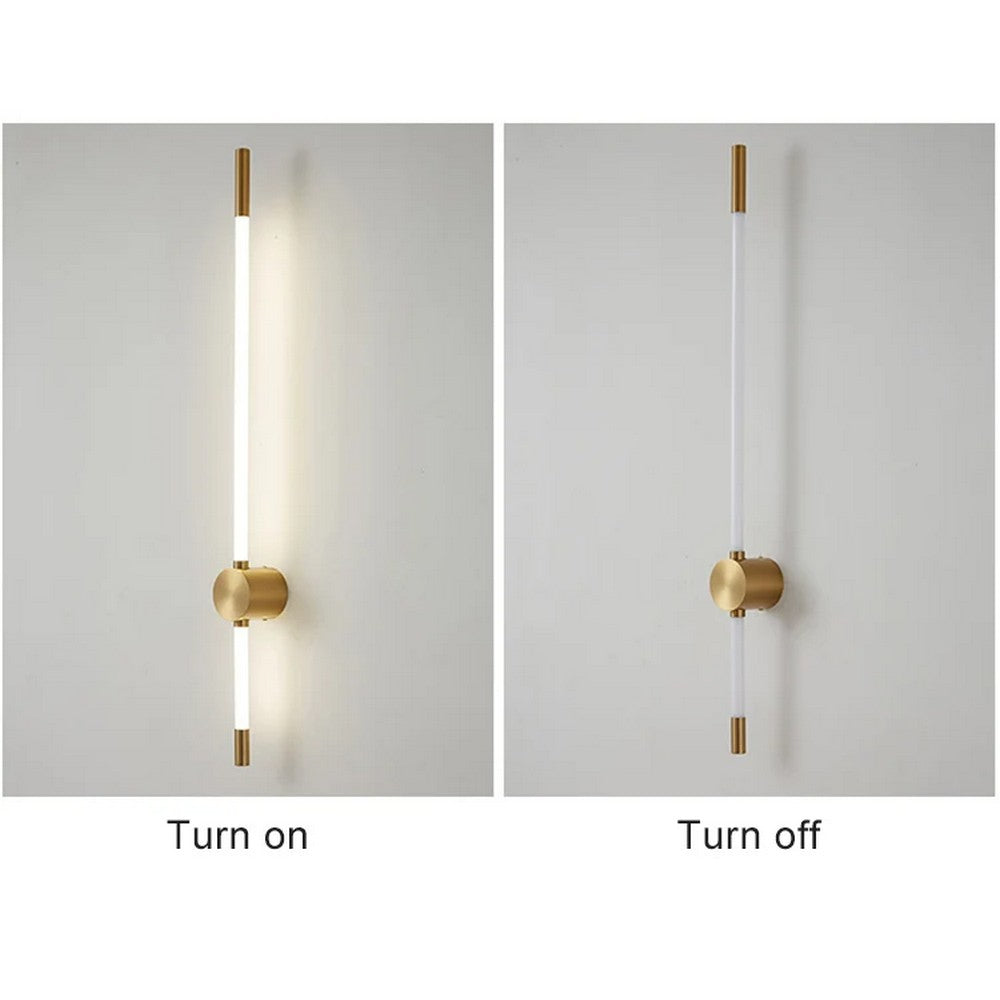 Comparison of a gold pendant light on and off against a gray wall.