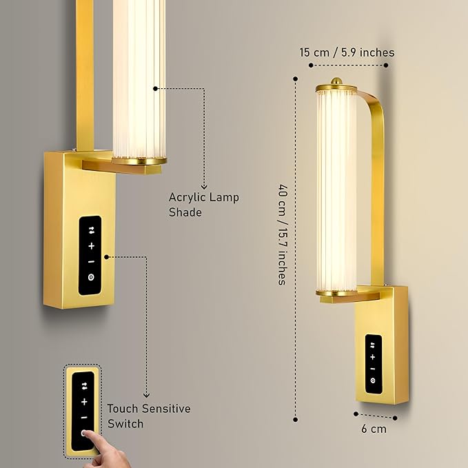 Gold wall lamp with acrylic shade and touch switch on a gray background