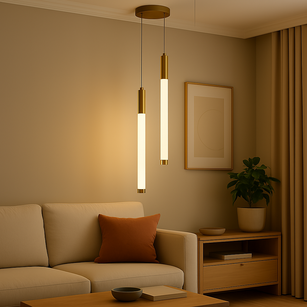 Modern living room with beige sofa, pendant lights, and a plant.