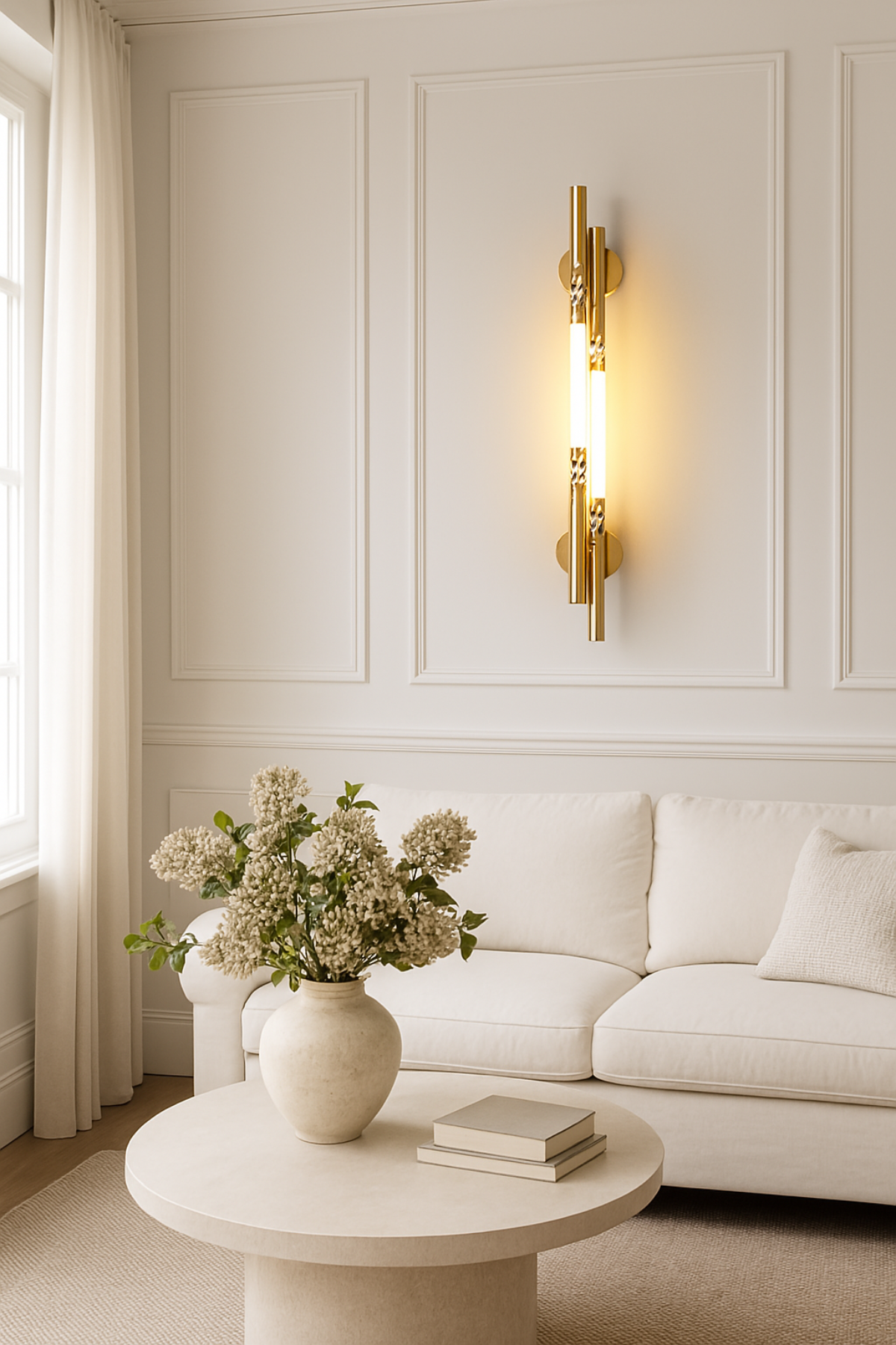 Modern living room with a white sofa, round coffee table, and decorative wall light fixture.