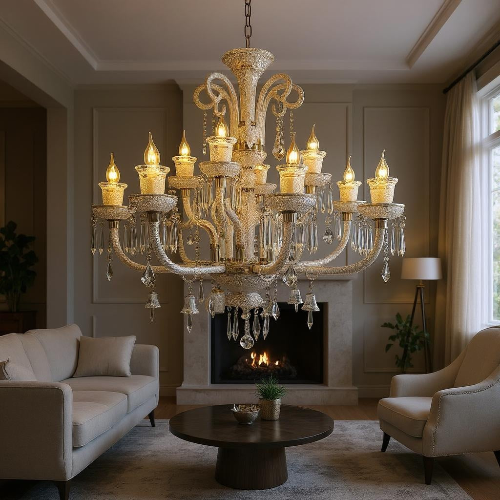 Luxurious living room with a grand chandelier, fireplace, and comfortable furniture.