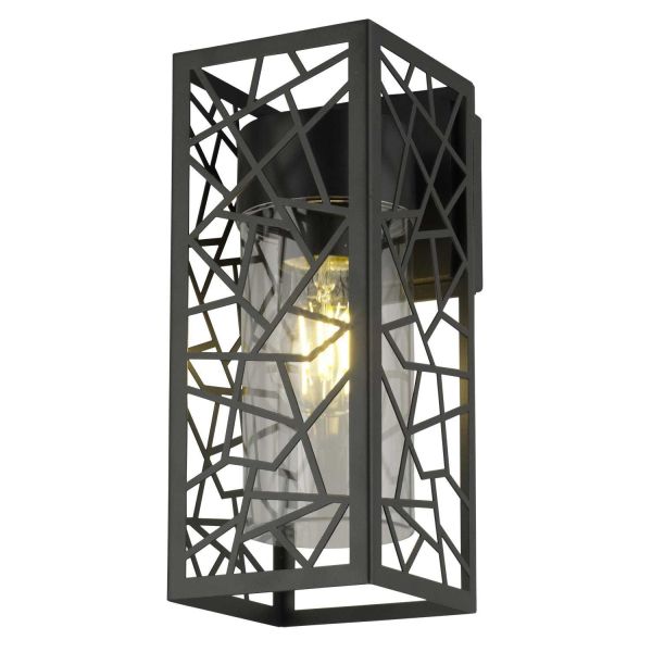 Black geometric wall light fixture on a white background