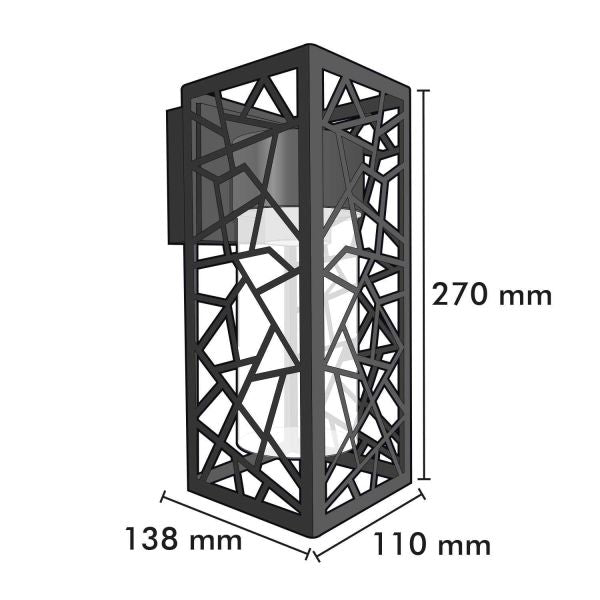 Black geometric wall light fixture with dimensions on a white background