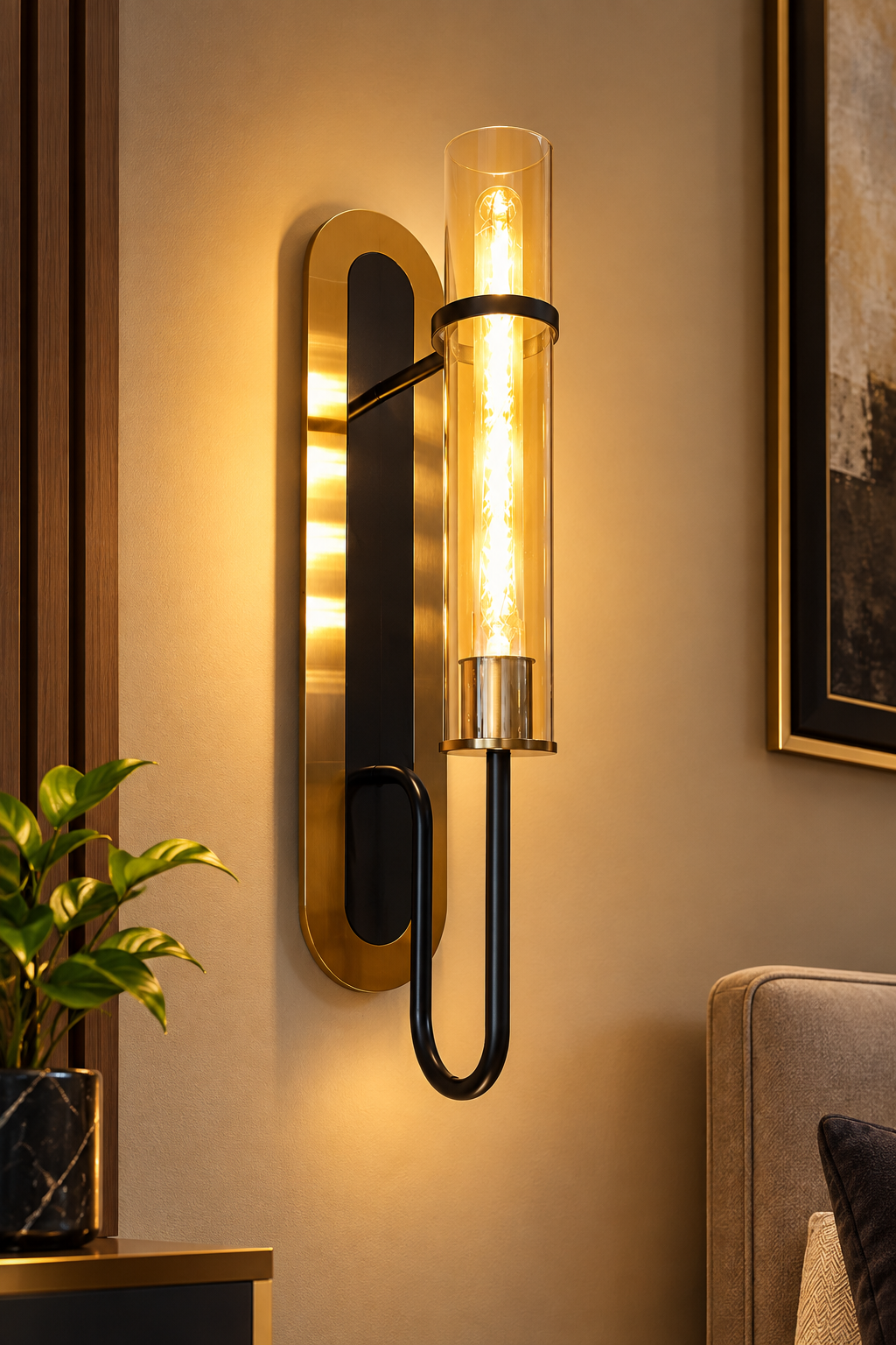 Modern Minimalist Brushed Brass & Matte Black Cylindrical Wall Sconce with Amber Glass Shade