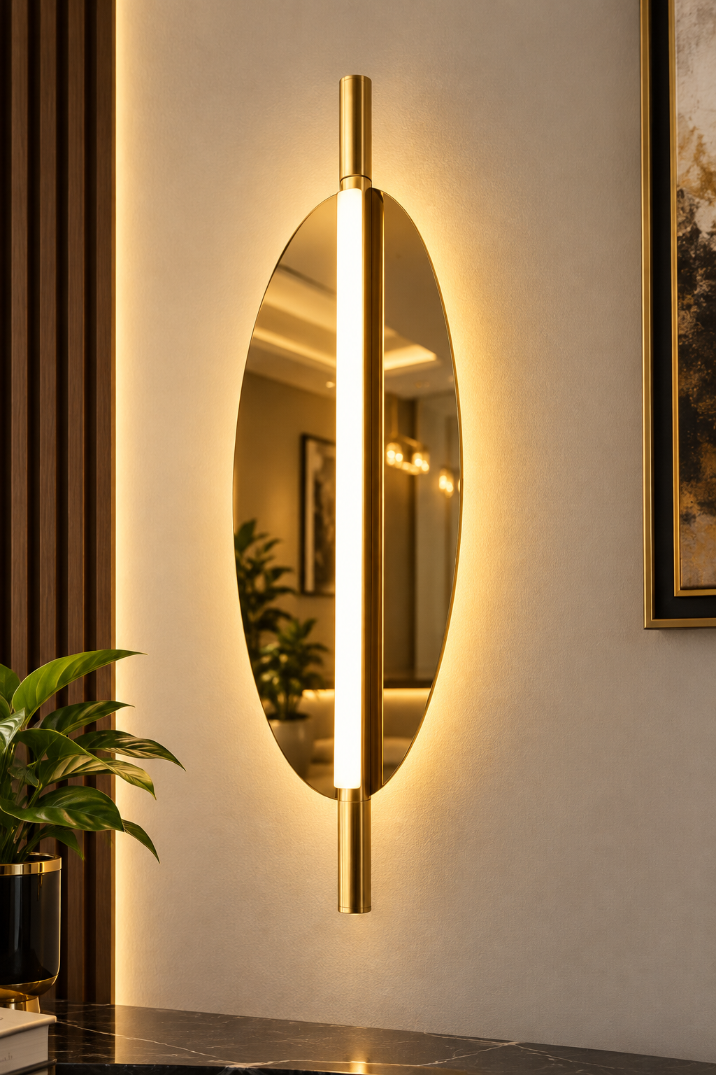 Modern Minimalist Oval Gold LED Wall Light with Integrated Vertical Ambient Tube & Mirror Finish