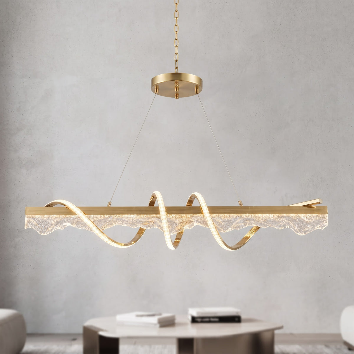 Luxury Wave Crystal LED Hanging Light – Modern Golden Pendant Chandelier