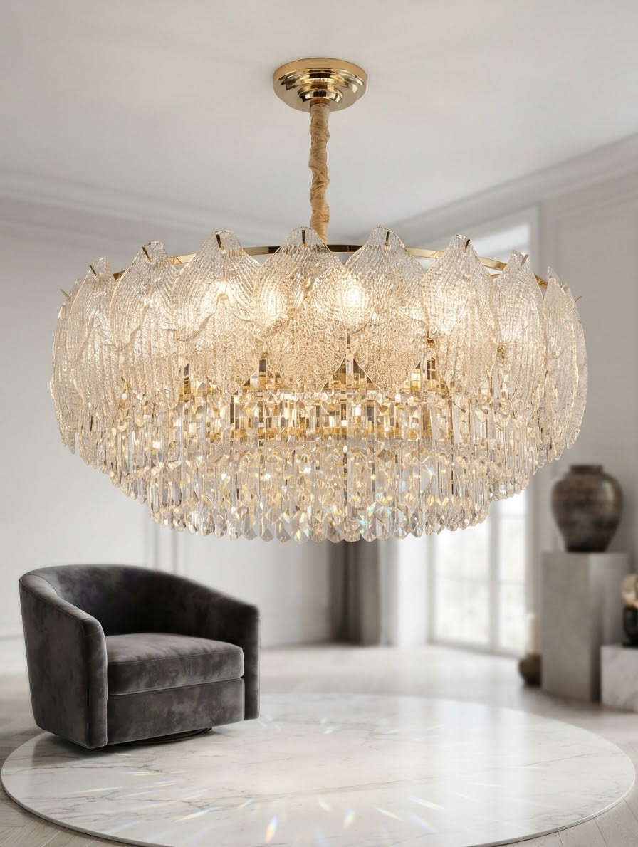 Luxurious Tiered Crystal & Gold Leaf Chandelier - Modern Glamour Lighting Fixture