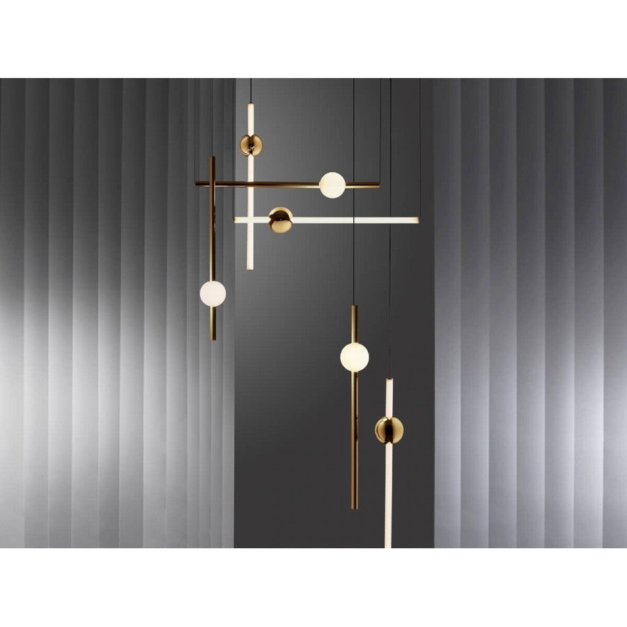 Modern Minimalist 6-Stick LED Chandelier – Gold Geometric Linear Pendant Light with Globe Accents for Dining Rooms & Living Spaces