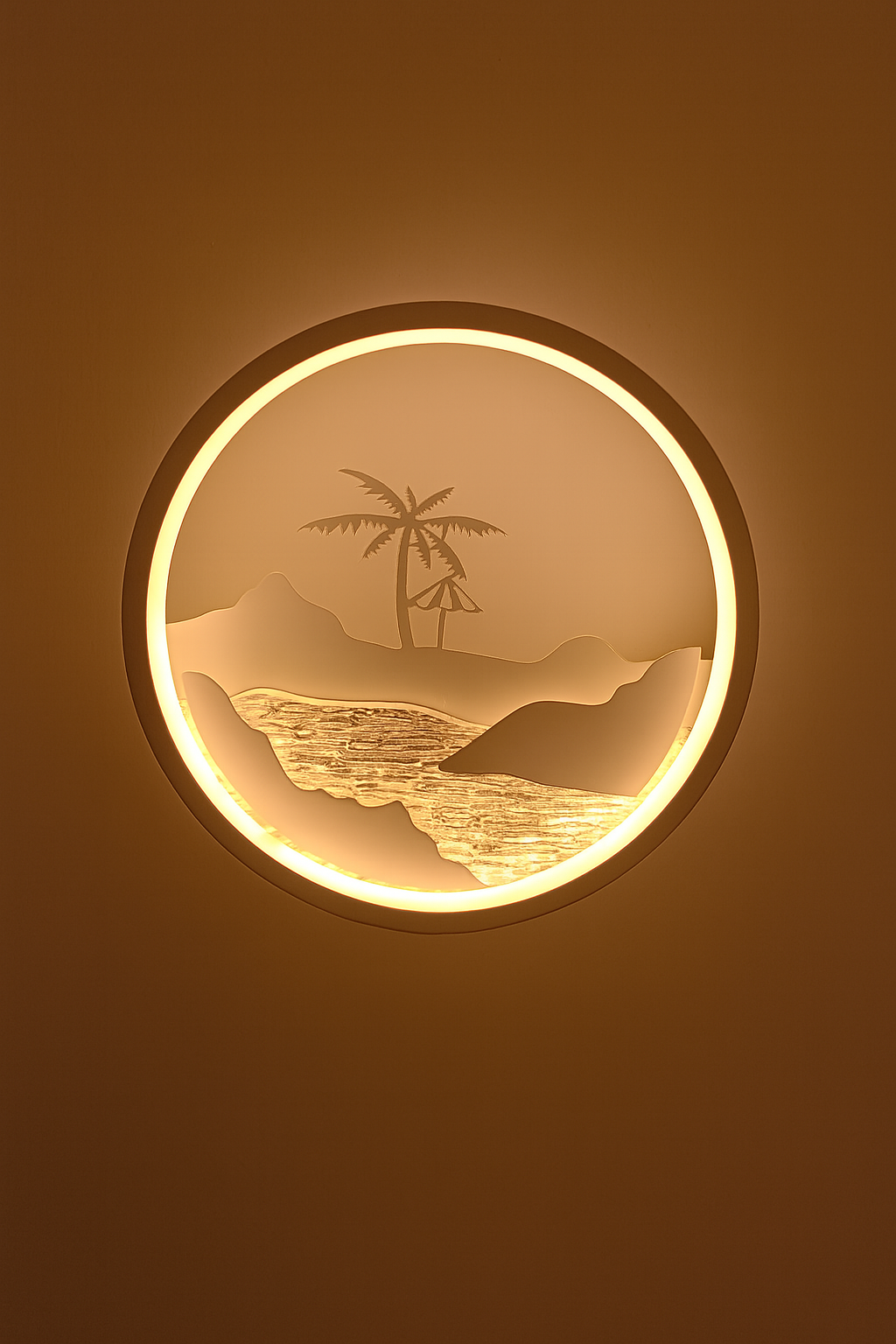 Decorative wall light with a palm tree design on a brown background