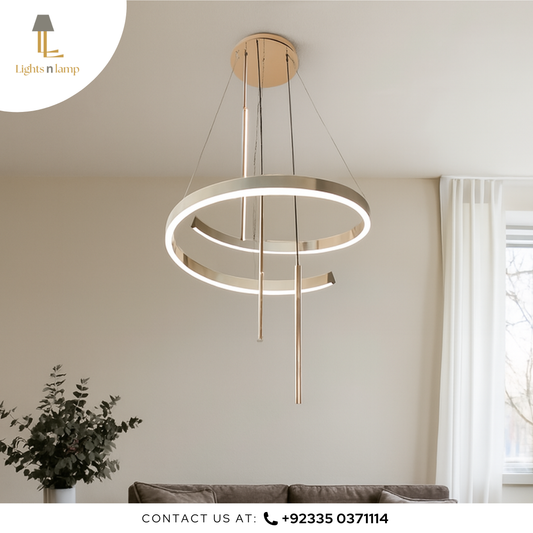 Modern pendant light fixture in a living room setting with 'Lights n Lamp' branding.