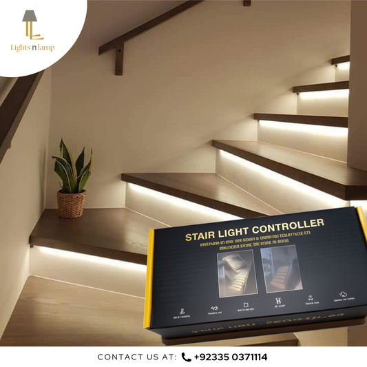 Stair light controller with LED stair lights on a staircase