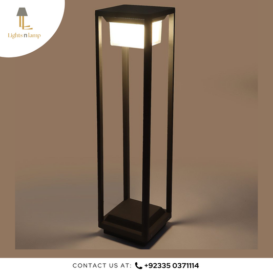 Black outdoor lamp on a brown background with 'Lights n Lamp' branding.