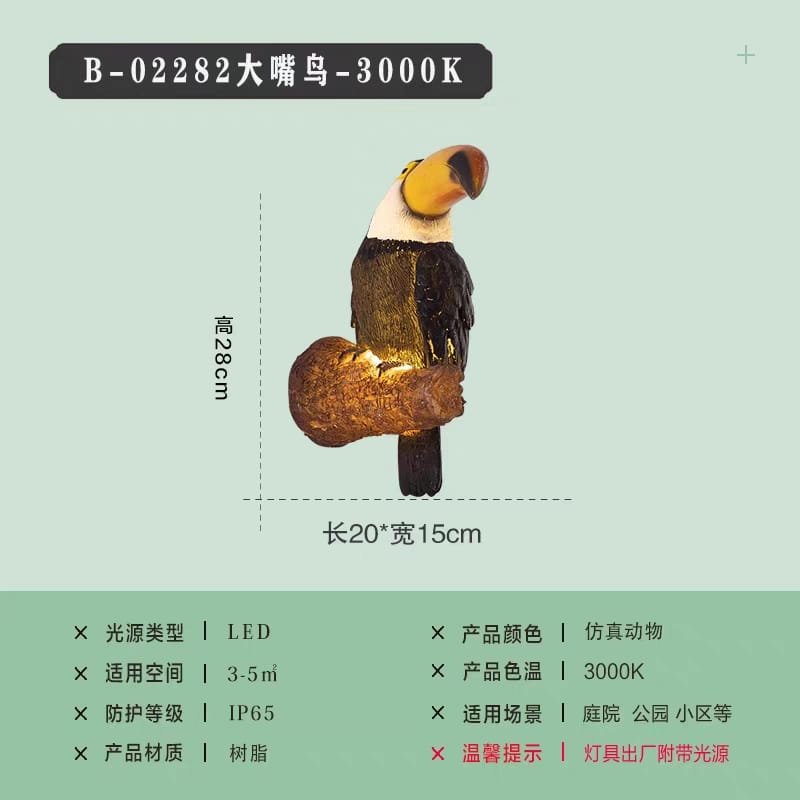 Decorative toucan figure with dimensions and product details on a green background