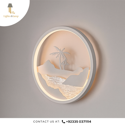 Decorative wall light with beach scene design on a gray background