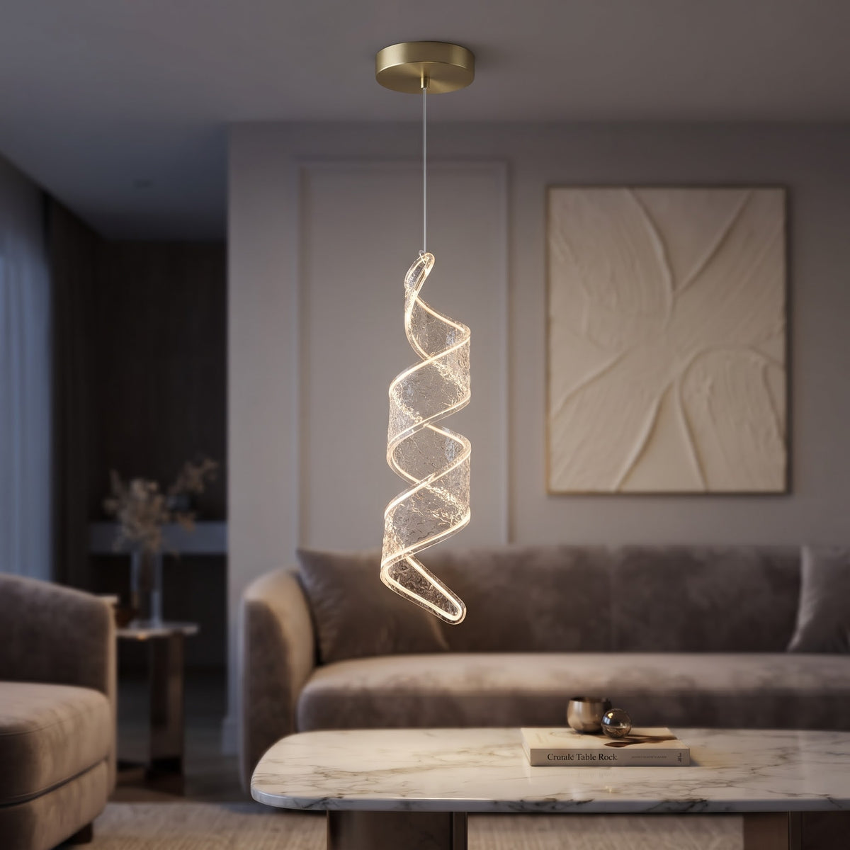 Premium Spiral LED Hanging Light – Textured Crystal Design | Modern Luxury Pendant Light