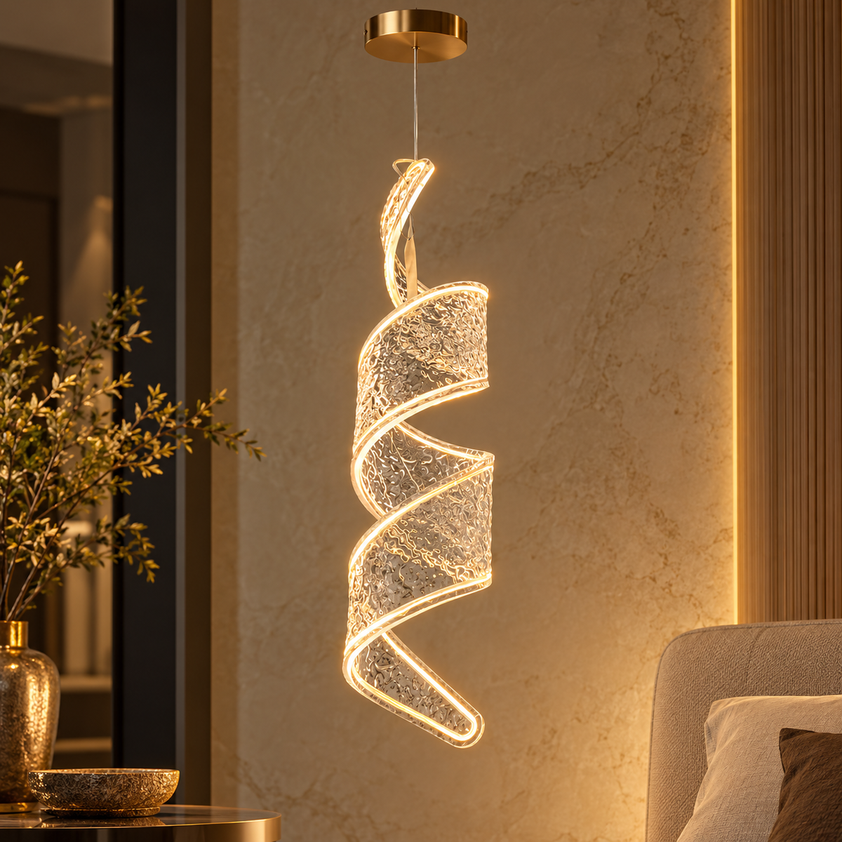 Premium Spiral LED Hanging Light – Textured Crystal Design | Modern Luxury Pendant Light