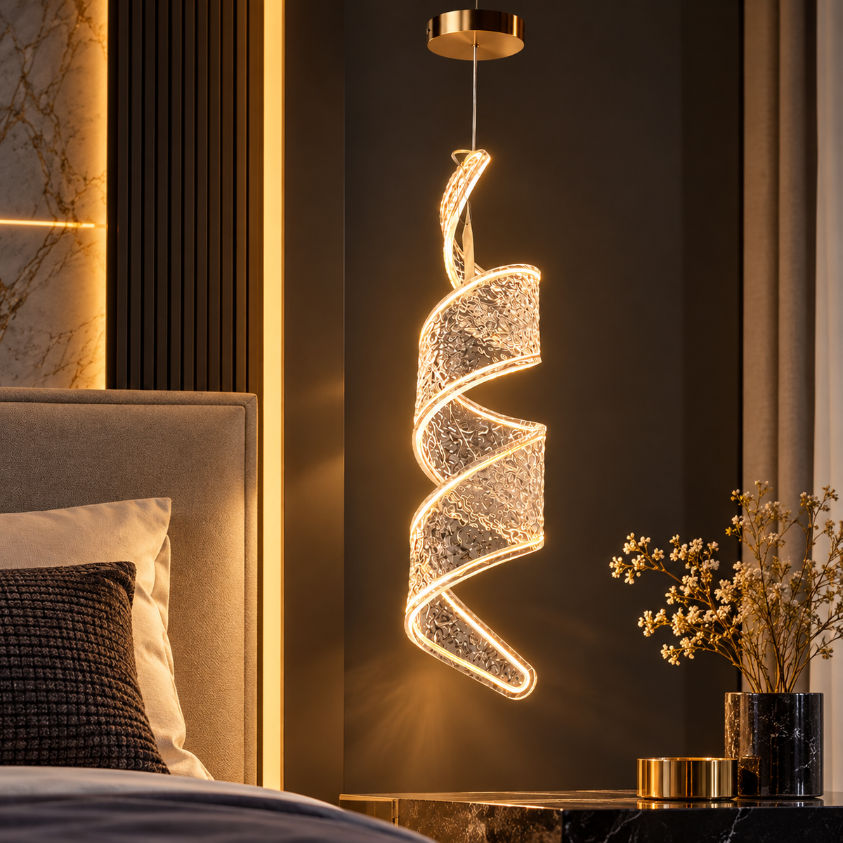 Premium Spiral LED Hanging Light – Textured Crystal Design | Modern Luxury Pendant Light