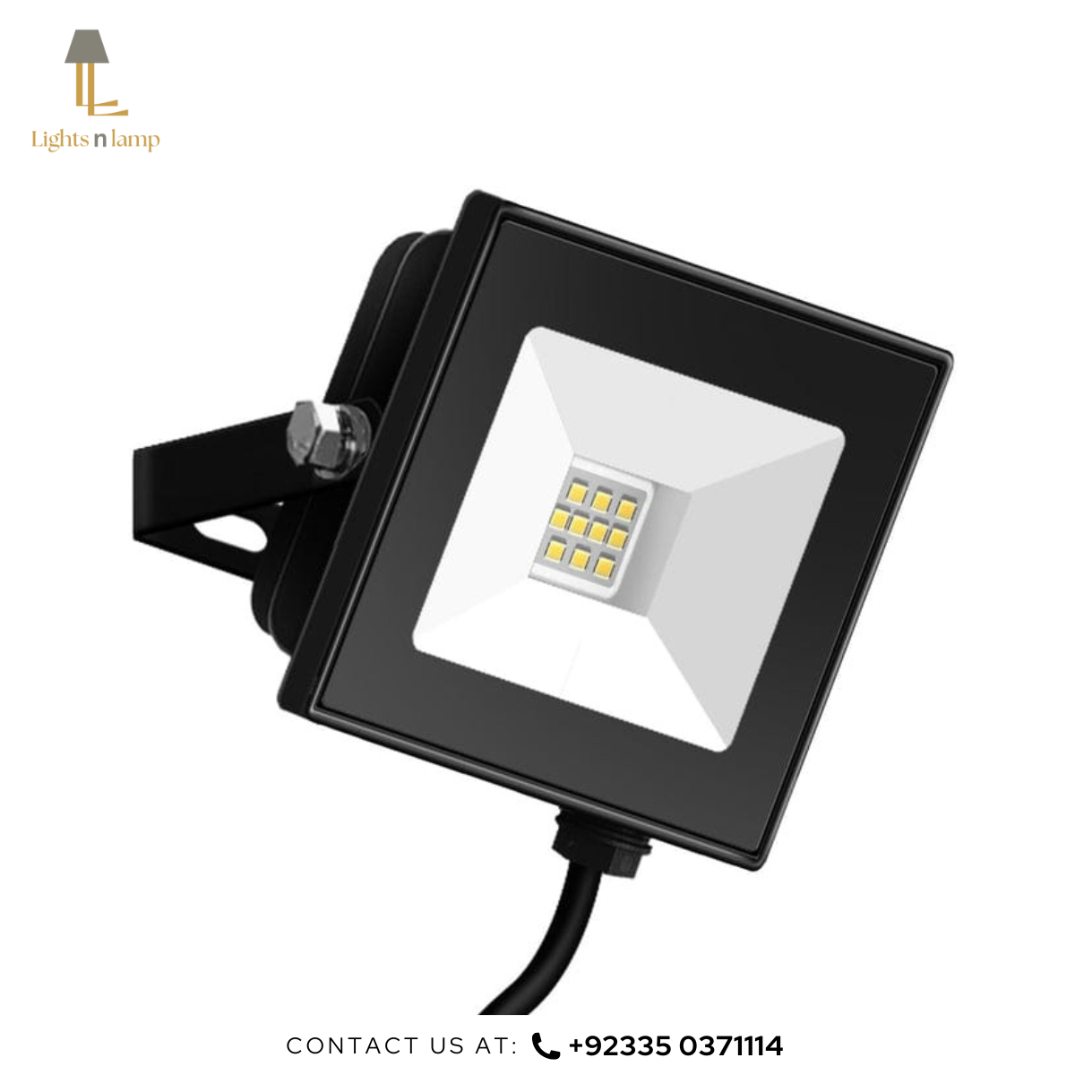 Black LED flood light with visible LEDs on a white background
