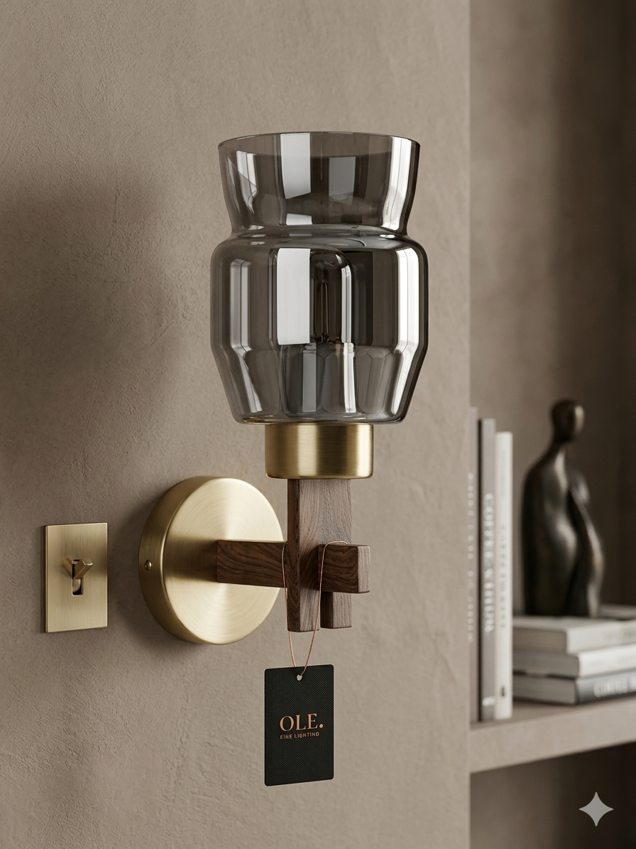 Aura Smokey Glass & Walnut Wood Wall Sconce