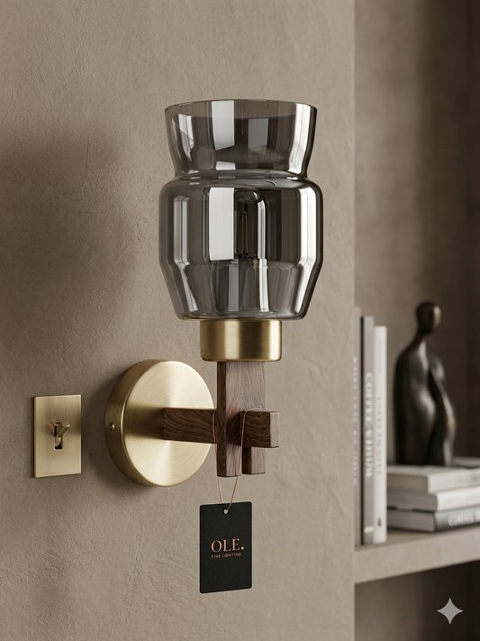 Aura Smokey Glass & Walnut Wood Wall Sconce